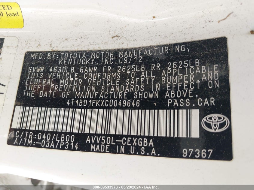 2012 Toyota Camry Hybrid Xle VIN: 4T1BD1FKXCU049646 Lot: 39533973