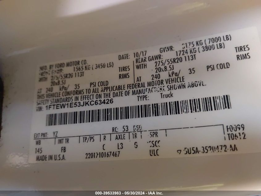 2018 Ford F-150 Xlt VIN: 1FTEW1E53JKC63426 Lot: 39533983
