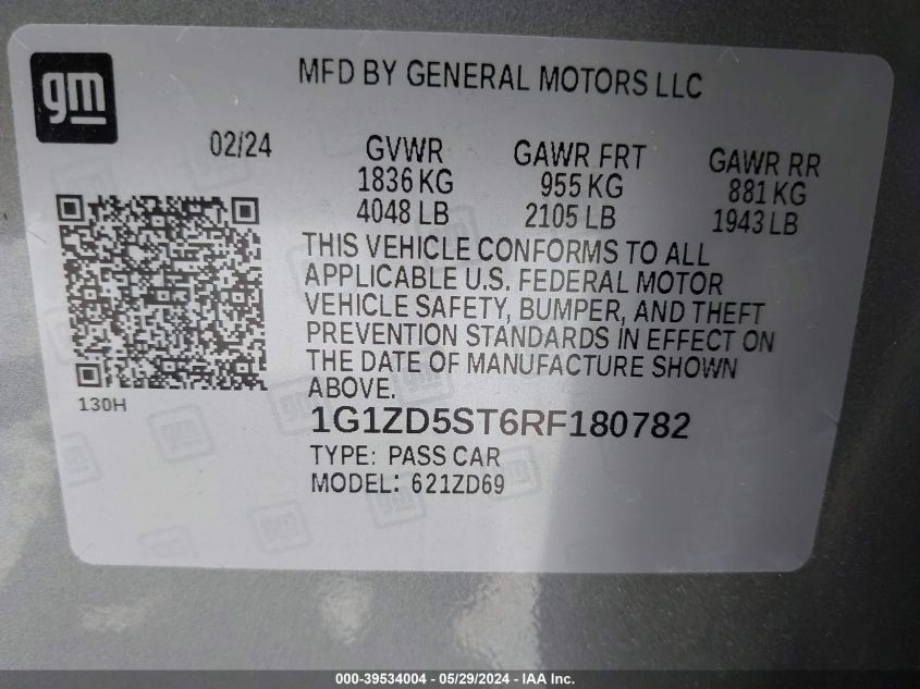 VIN 1G1ZD5ST6RF180782 2024 CHEVROLET MALIBU LT