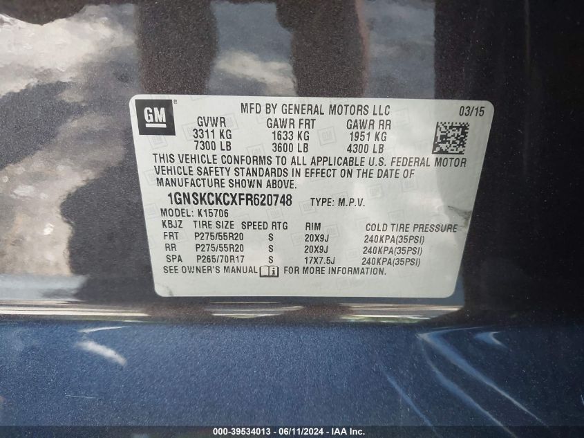 2015 Chevrolet Tahoe Ltz VIN: 1GNSKCKCXFR620748 Lot: 39534013