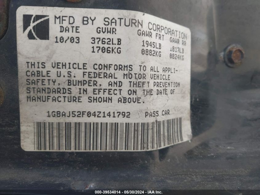 2004 Saturn Ion 2 VIN: 1G8AJ52S04Z141792 Lot: 39534014