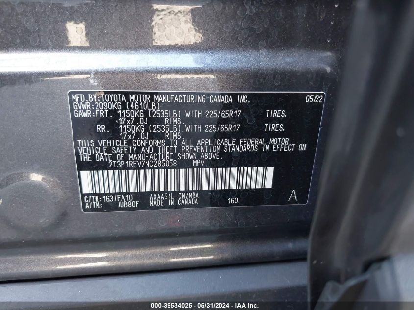 2022 Toyota Rav4 Xle VIN: 2T3P1RFV7NC285058 Lot: 39534025