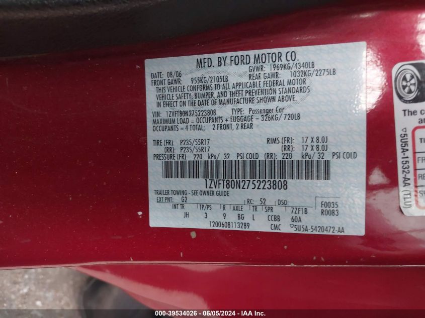 2007 Ford Mustang V6 Deluxe/V6 Premium VIN: 1ZVFT80N275223808 Lot: 39534026