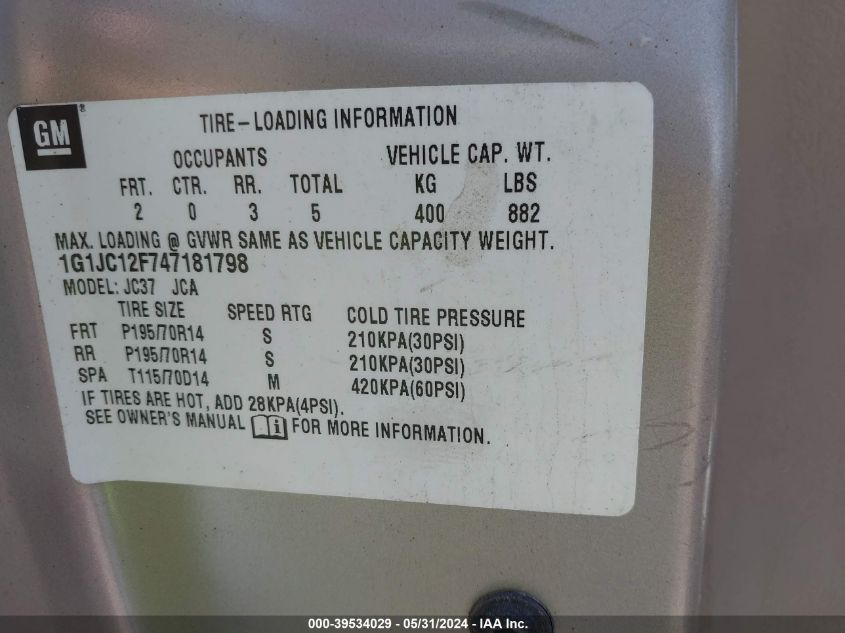 2004 Chevrolet Cavalier VIN: 1G1JC12F747181798 Lot: 39534029