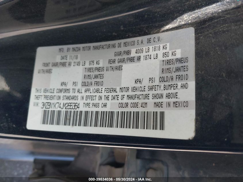 2018 Mazda Mazda3 Sport VIN: 3MZBN1K74JM265364 Lot: 39534036