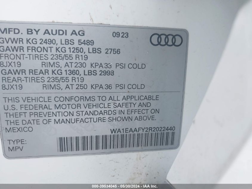 2024 Audi Q5 Premium Plus 45 VIN: WA1EAAFY2R2022440 Lot: 39534045