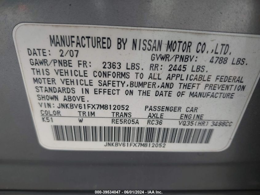 2007 Infiniti G35X VIN: JNKBV61FX7M812052 Lot: 39534047