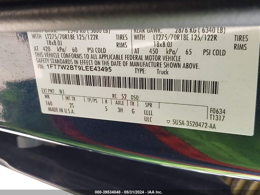 2020 Ford F-250 Xlt VIN: 1FT7W2BT9LEE43495 Lot: 39534048