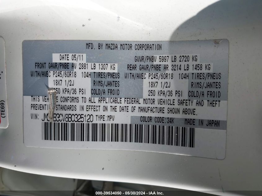 2011 Mazda Cx-9 VIN: JM3TB3CV8B0325120 Lot: 39534050