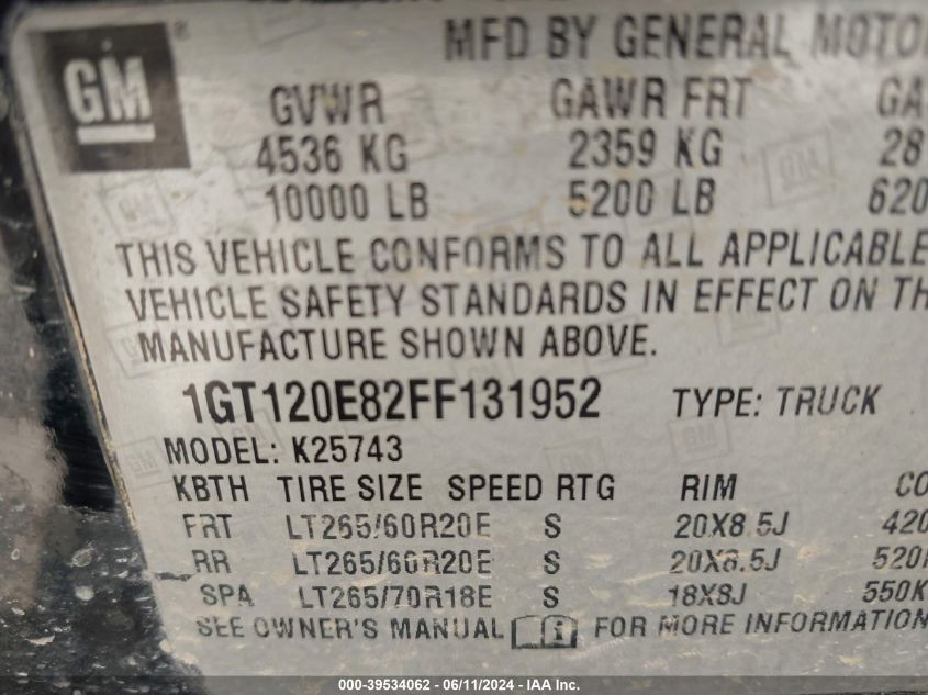 2015 GMC Sierra 2500Hd Denali VIN: 1GT120E82FF131952 Lot: 39534062