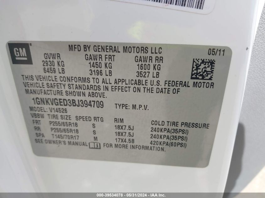 2011 Chevrolet Traverse 1Lt VIN: 1GNKVGED3BJ394709 Lot: 39534078