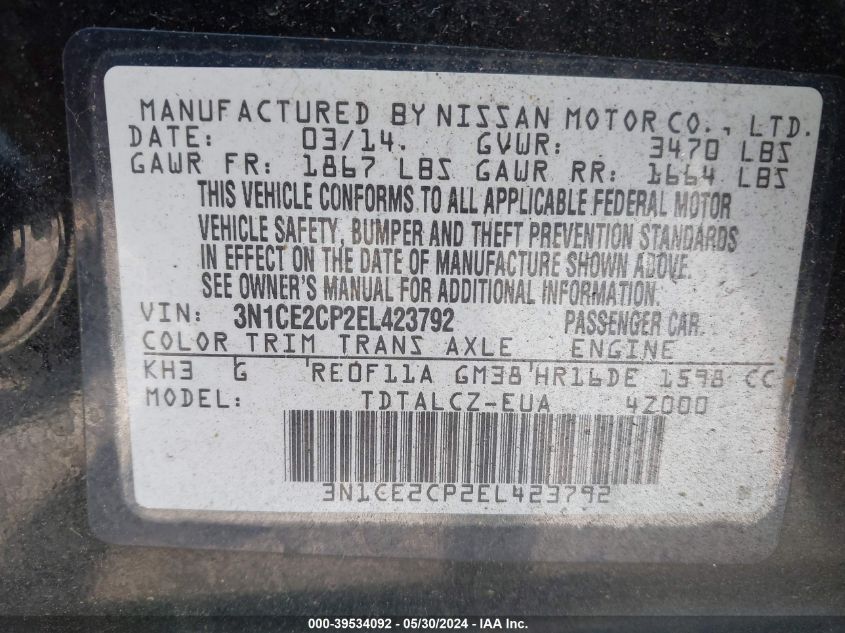 2014 Nissan Versa Note S Plus VIN: 3N1CE2CP2EL423792 Lot: 39534092