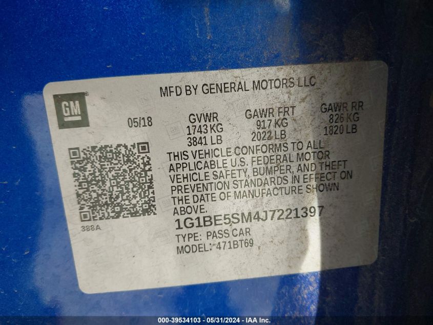 2018 Chevrolet Cruze Lt Auto VIN: 1G1BE5SM4J7221397 Lot: 39534103