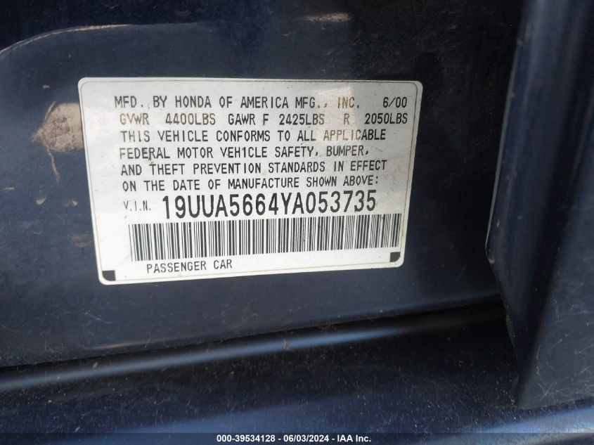 2000 Acura Tl 3.2 VIN: 19UUA5664YA053735 Lot: 39534128