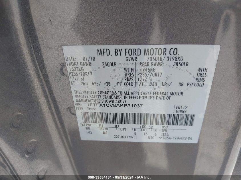 2010 Ford F-150 Fx2 Sport/Lariat/Xl/Xlt VIN: 1FTFX1CV8AKB71037 Lot: 39534131