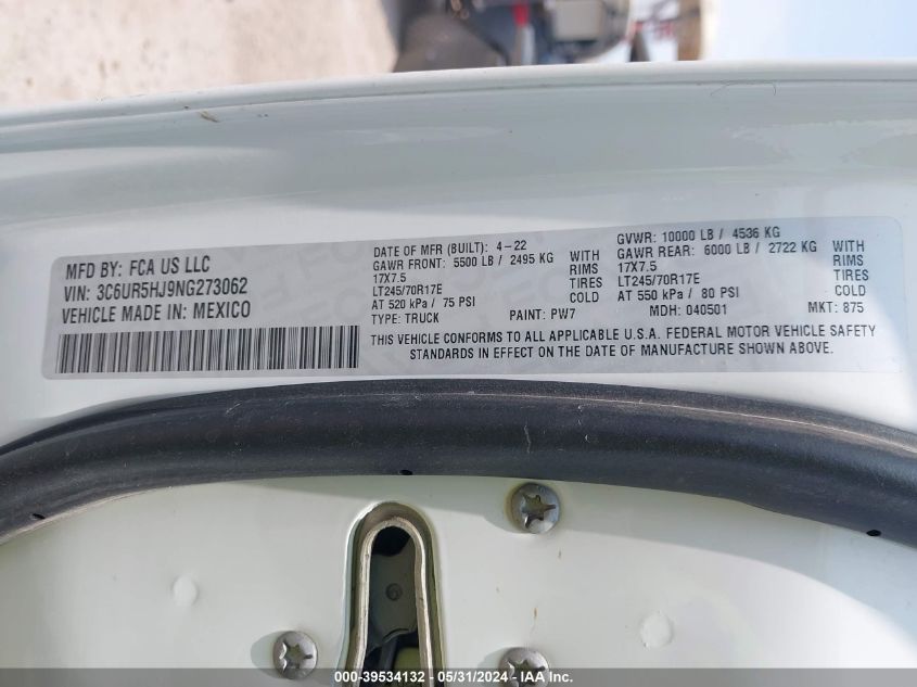 2022 Ram 2500 Tradesman VIN: 3C6UR5HJ9NG273062 Lot: 39534132