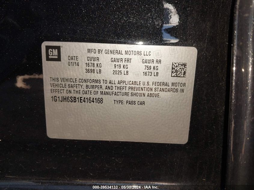 2014 Chevrolet Sonic Rs Manual VIN: 1G1JH6SB1E4164168 Lot: 39534133