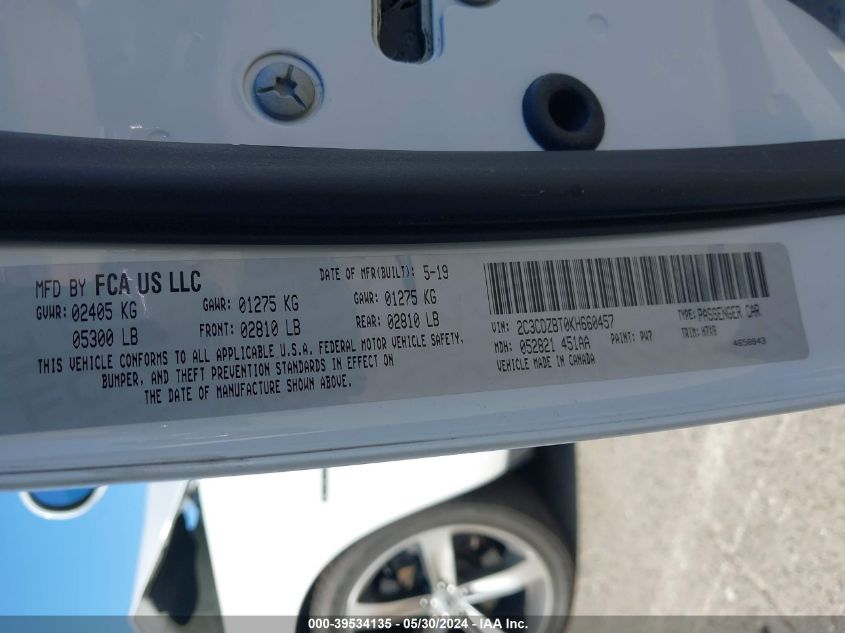 2019 Dodge Challenger R/T VIN: 2C3CDZBT0KH660457 Lot: 39534135