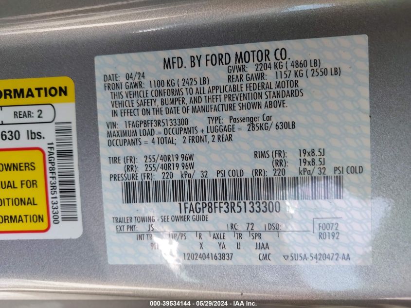 2024 Ford Mustang Gt Premium VIN: 1FAGP8FF3R5133300 Lot: 39534144