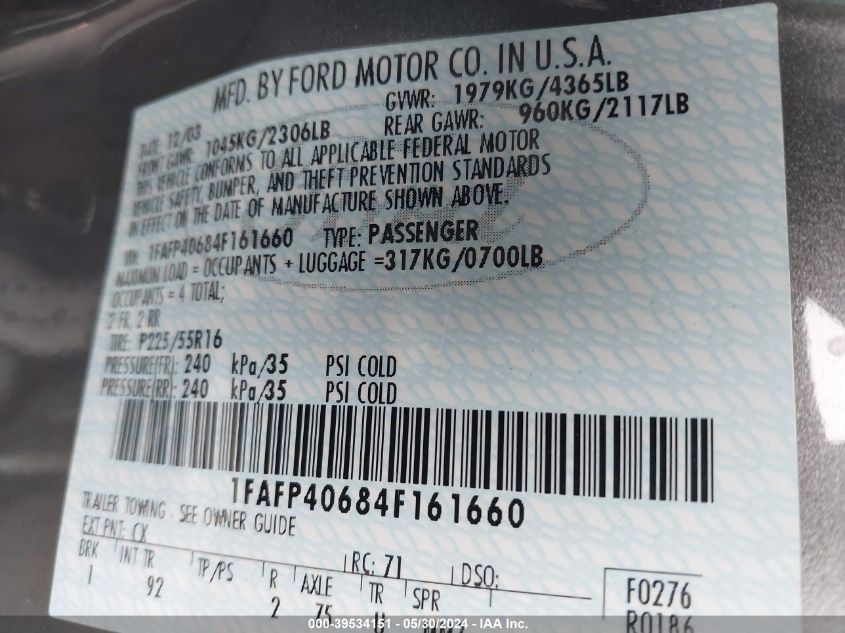 2004 Ford Mustang VIN: 1FAFP40684F161660 Lot: 39534151
