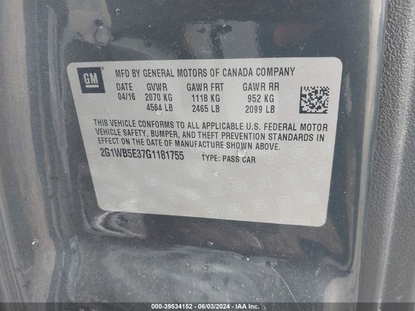 2016 Chevrolet Impala Limited Lt VIN: 2G1WB5E37G1181755 Lot: 39534152