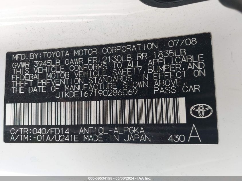 2009 Scion Tc VIN: JTKDE167190286069 Lot: 39534155