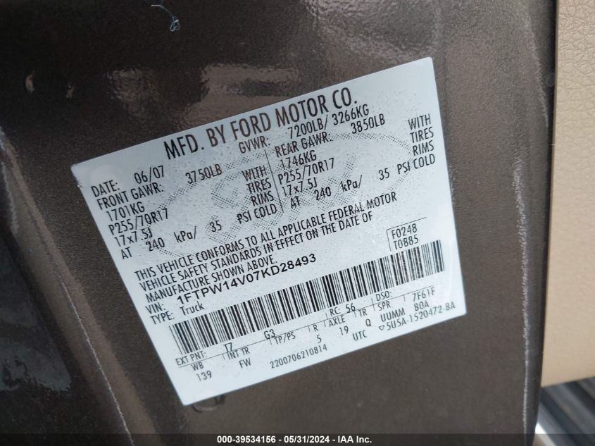 2007 Ford F-150 Fx4/Lariat/Xlt VIN: 1FTPW14V07KD28493 Lot: 39534156