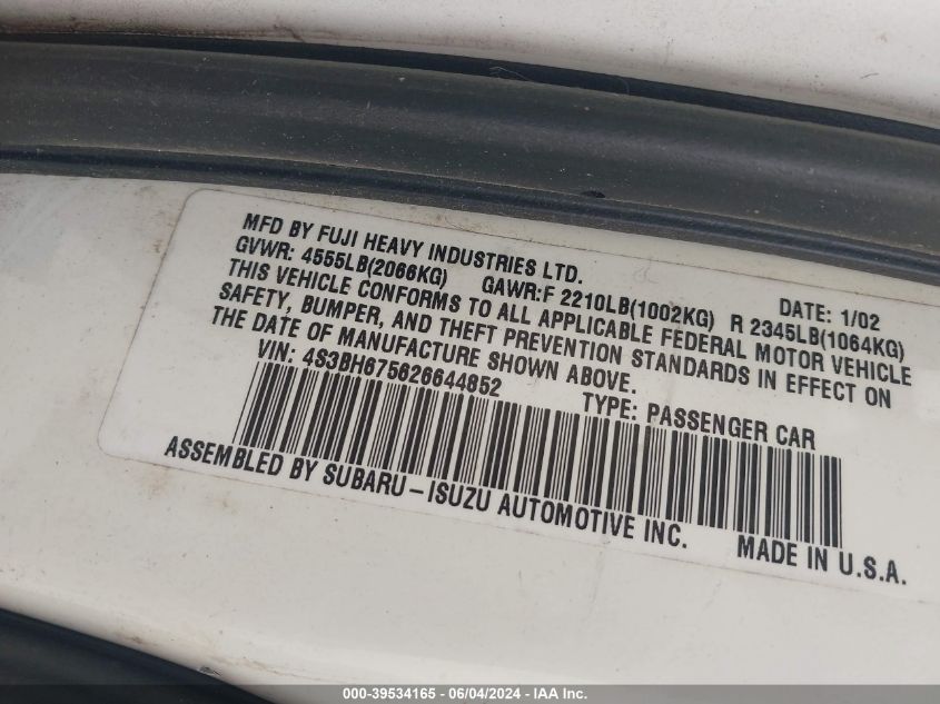 2002 Subaru Outback VIN: 4S3BH675626644852 Lot: 39534165