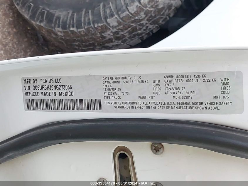 2022 Ram 2500 Tradesman VIN: 3C6UR5HJ6NG273066 Lot: 39534170