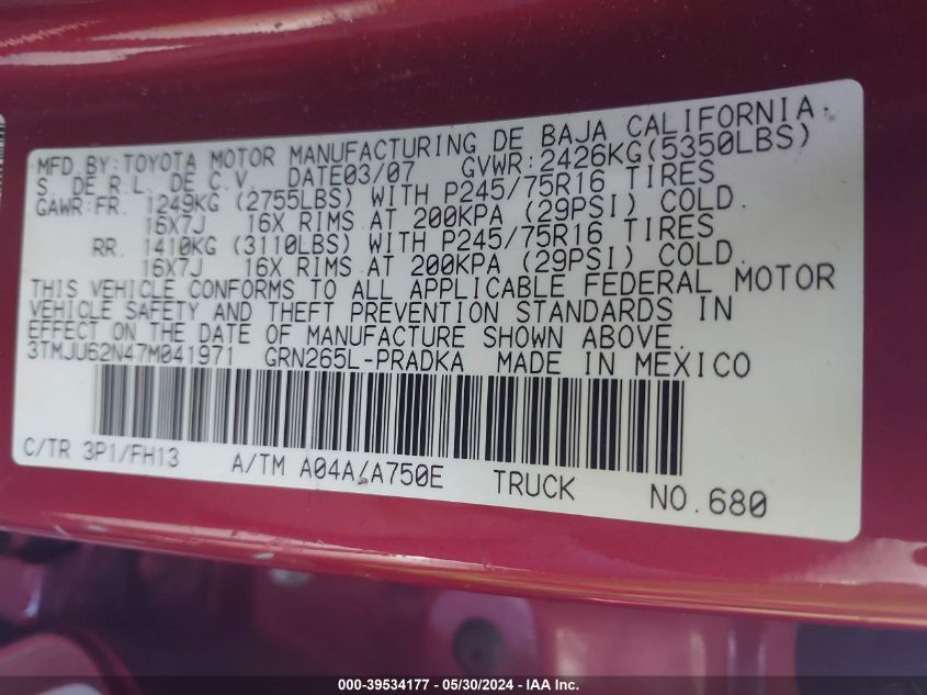 2007 Toyota Tacoma Prerunner V6 VIN: 3TMJU62N47M041971 Lot: 39534177