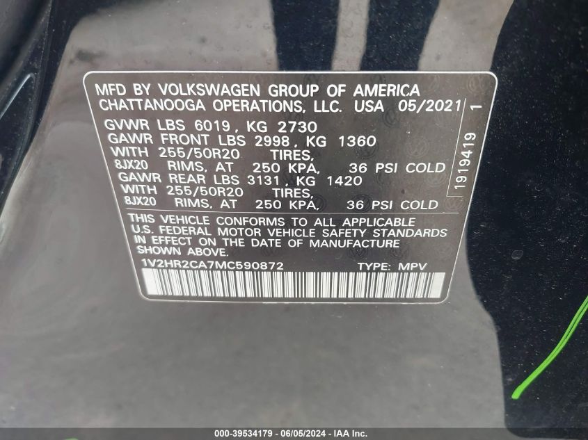 2021 Volkswagen Atlas 3.6L V6 Se W/Technology VIN: 1V2HR2CA7MC590872 Lot: 39534179