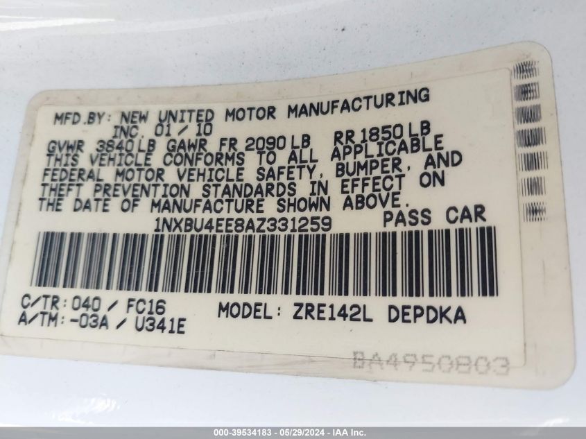 2010 Toyota Corolla Le VIN: 1NXBU4EE8AZ331259 Lot: 39534183