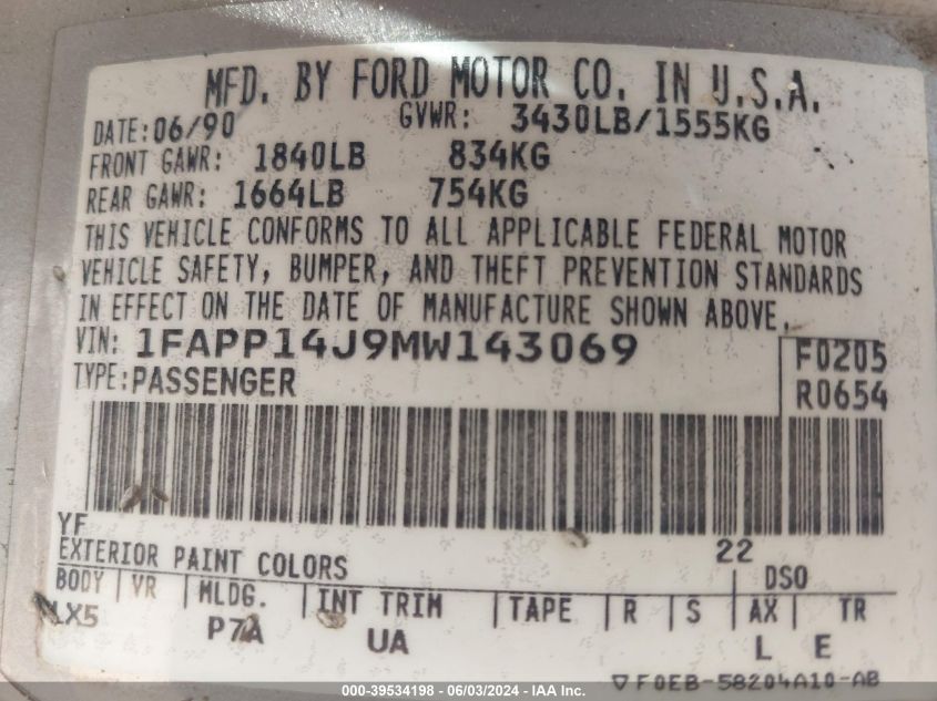 1991 Ford Escort Lx VIN: 1FAPP14J9MW143069 Lot: 39534198