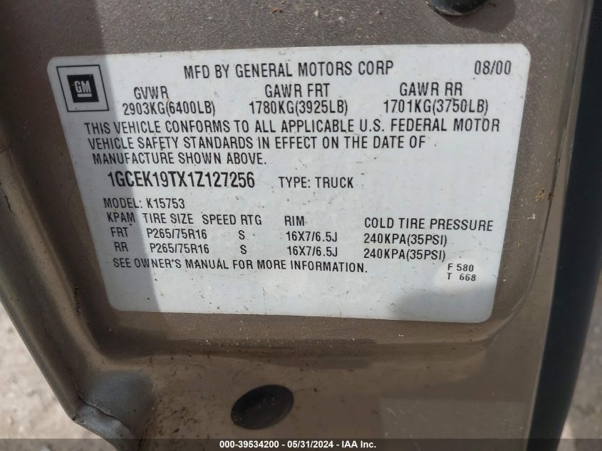 2001 Chevrolet Silverado 1500 Lt VIN: 1GCEK19TX1Z127256 Lot: 39534200