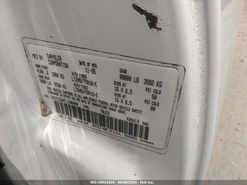 1996 Dodge Ram 2500 VIN: 1B7KC23W4TJ106400 Lot: 39534204