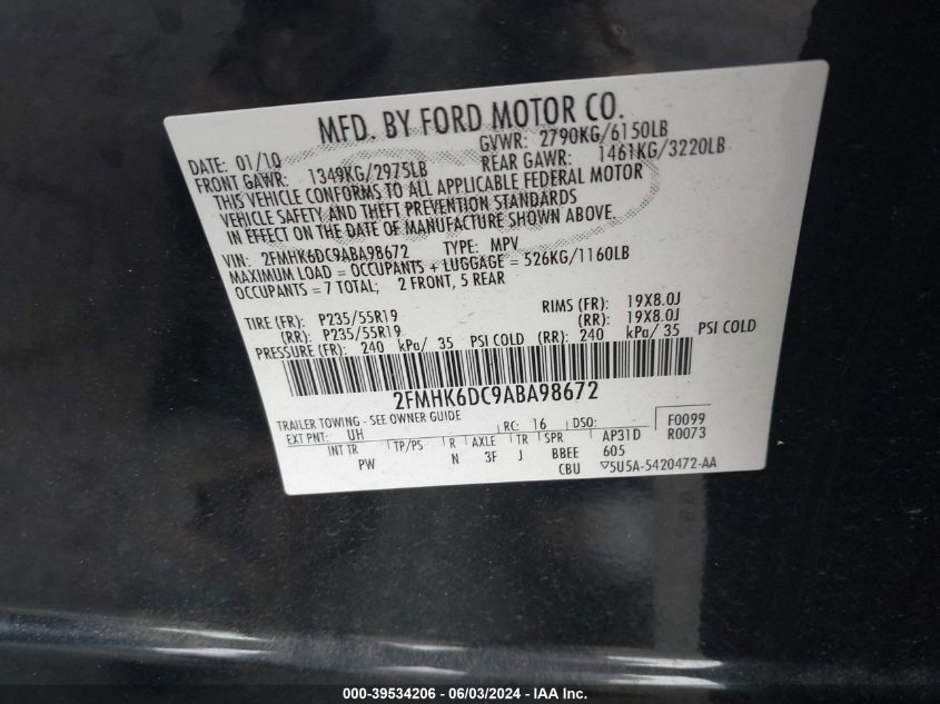 2010 Ford Flex Limited VIN: 2FMHK6DC9ABA98672 Lot: 39534206