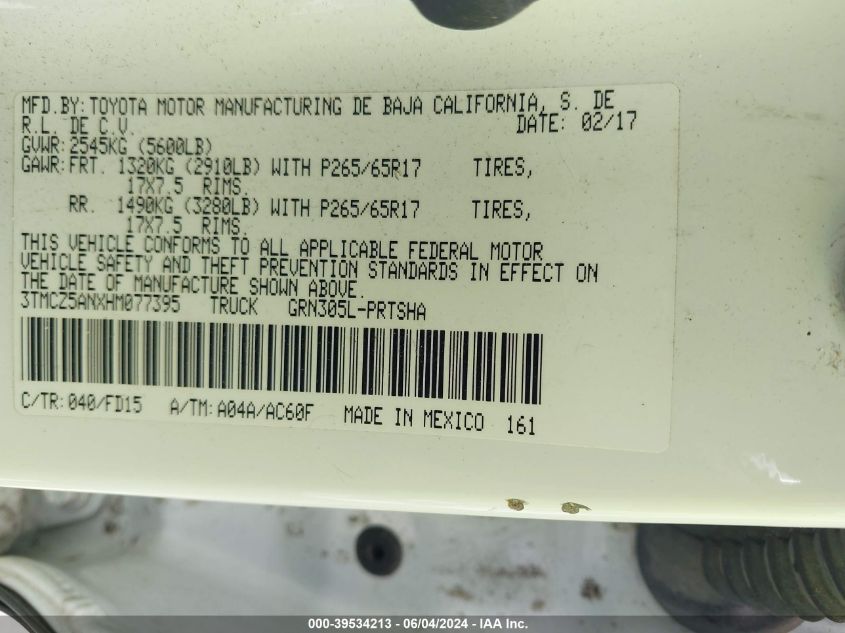 2017 Toyota Tacoma Trd Sport VIN: 3TMCZ5ANXHM077395 Lot: 39534213