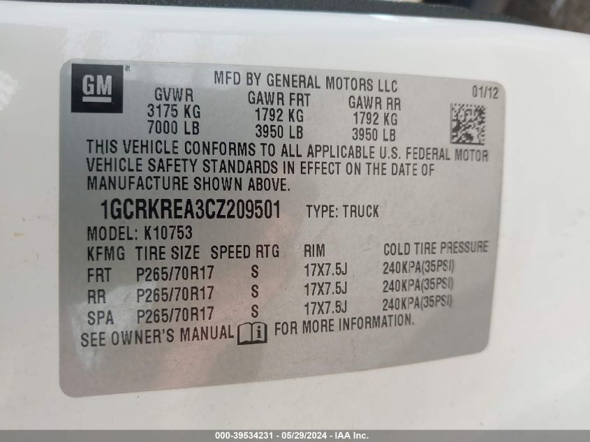 2012 Chevrolet Silverado 1500 Ls VIN: 1GCRKREA3CZ209501 Lot: 39534231