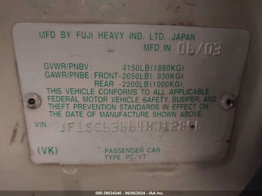 2004 Subaru Forester 2.5X VIN: JF1SG63664H712856 Lot: 39534340