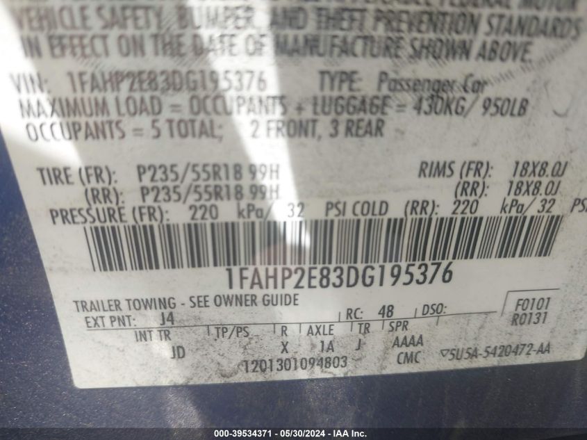 2013 Ford Taurus Sel VIN: 1FAHP2E83DG195376 Lot: 39534371