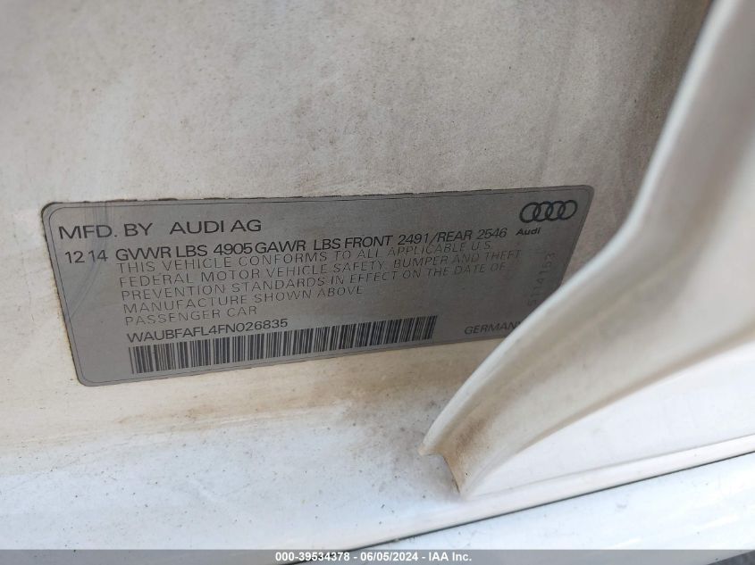2015 Audi A4 2.0T Premium VIN: WAUBFAFL4FN026835 Lot: 39534378