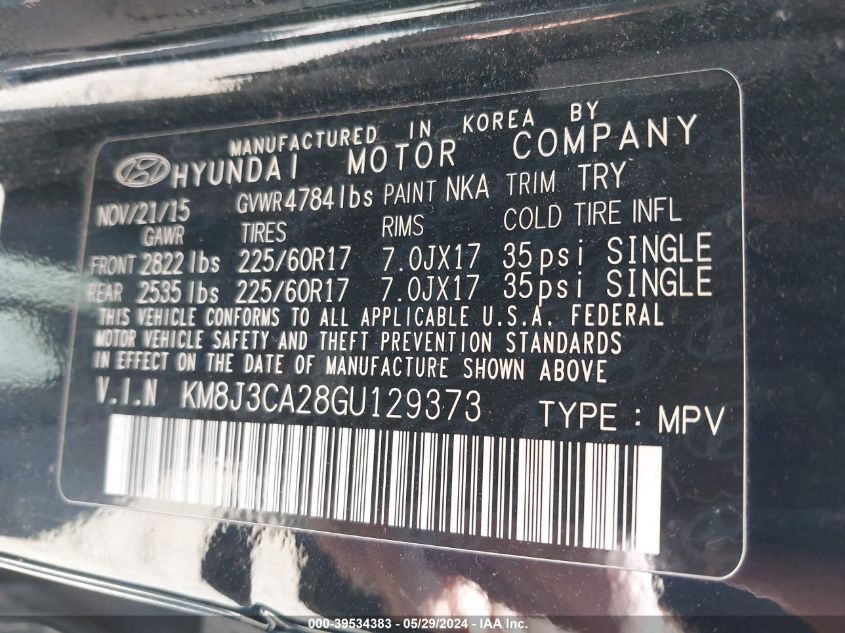 2016 Hyundai Tucson Eco VIN: KM8J3CA28GU129373 Lot: 39534383