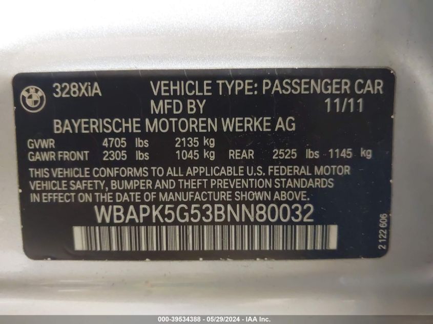 2011 BMW 328I VIN: WBAPK5G53BNN80032