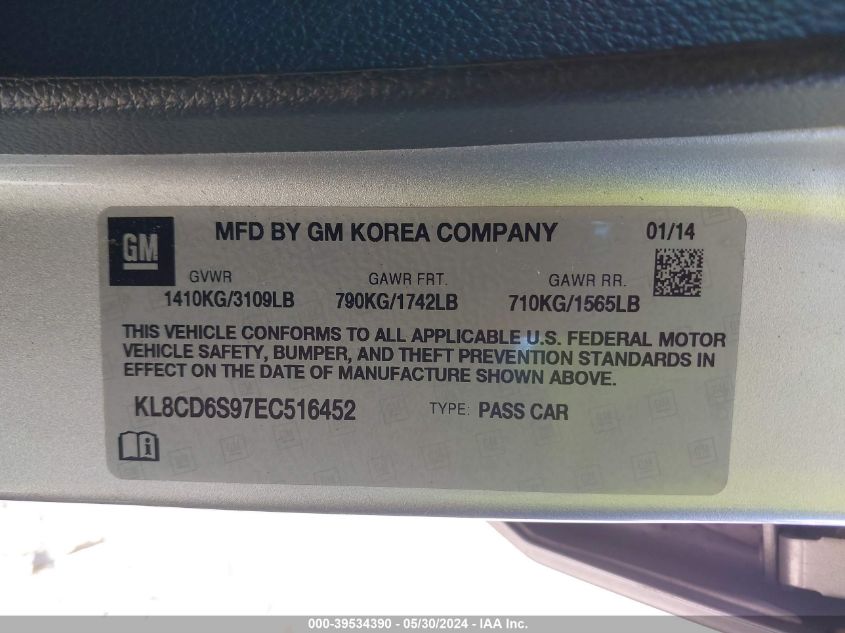 2014 Chevrolet Spark 1Lt Auto VIN: KL8CD6S97EC516452 Lot: 39534390