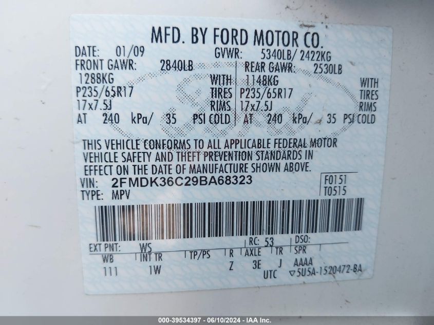 2009 Ford Edge Se VIN: 2FMDK36C29BA68323 Lot: 39534397