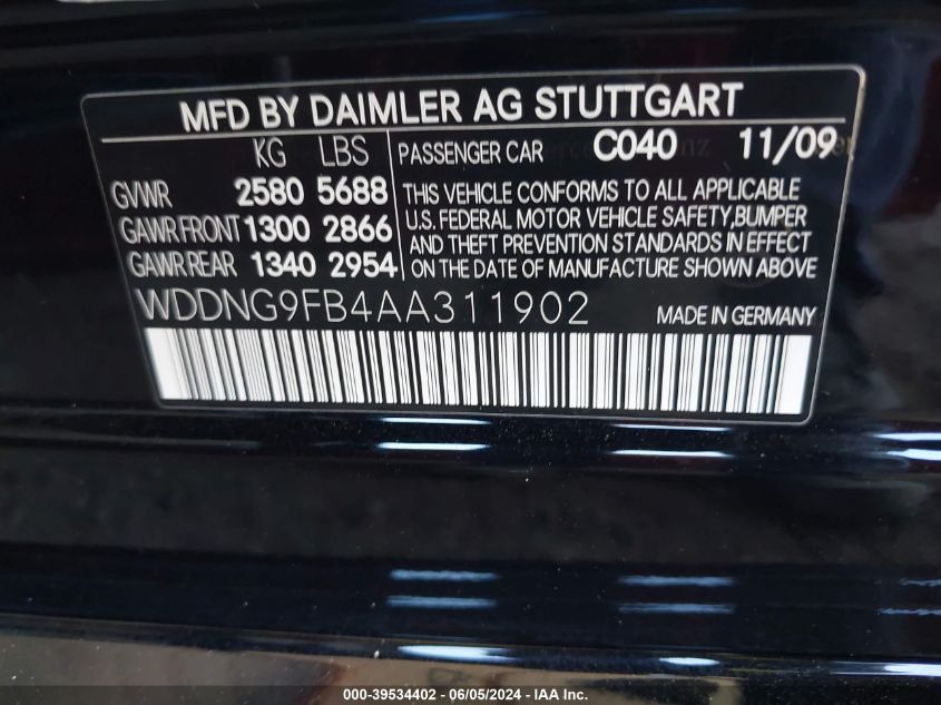 2010 Mercedes-Benz S 400 Hybrid VIN: WDDNG9FB4AA311902 Lot: 39534402