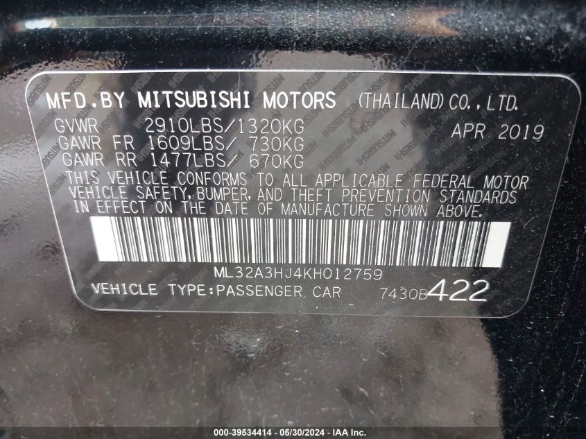 2019 Mitsubishi Mirage Es VIN: ML32A3HJ4KH012759 Lot: 39534414