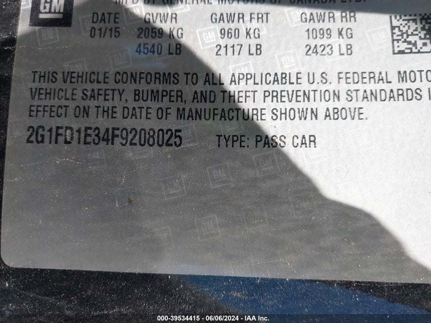 2015 Chevrolet Camaro 1Lt VIN: 2G1FD1E34F9208025 Lot: 39534415