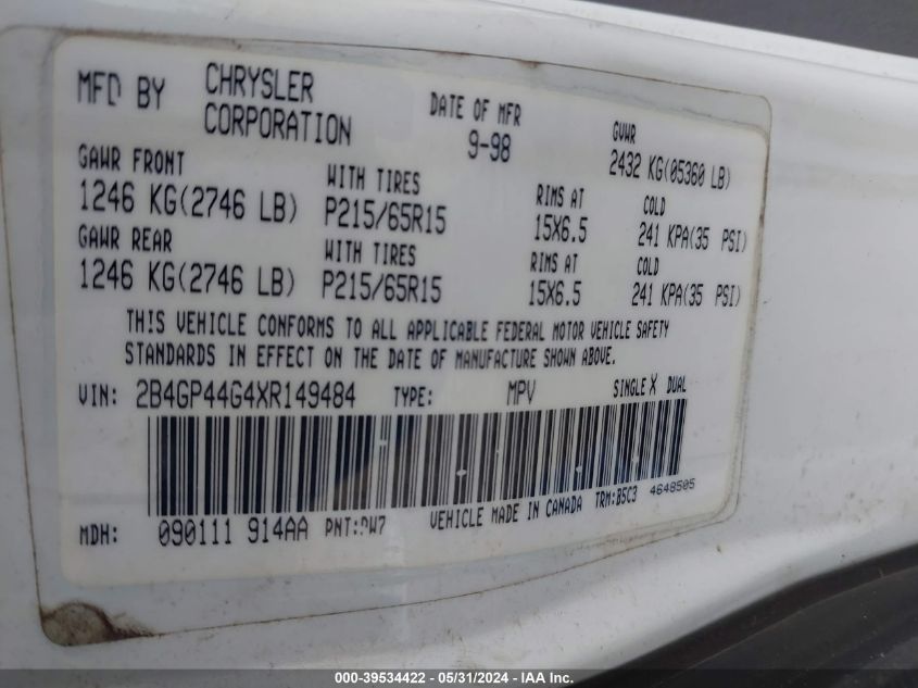 1999 Dodge Grand Caravan Se VIN: 2B4GP44G4XR149484 Lot: 39534422