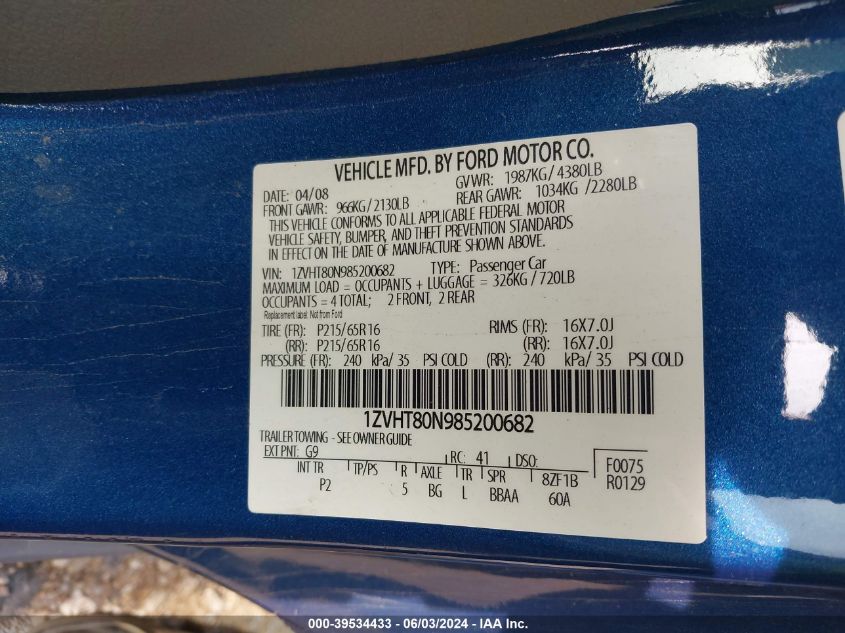 2008 Ford Mustang V6 Deluxe/V6 Premium VIN: 1ZVHT80N985200682 Lot: 39534433